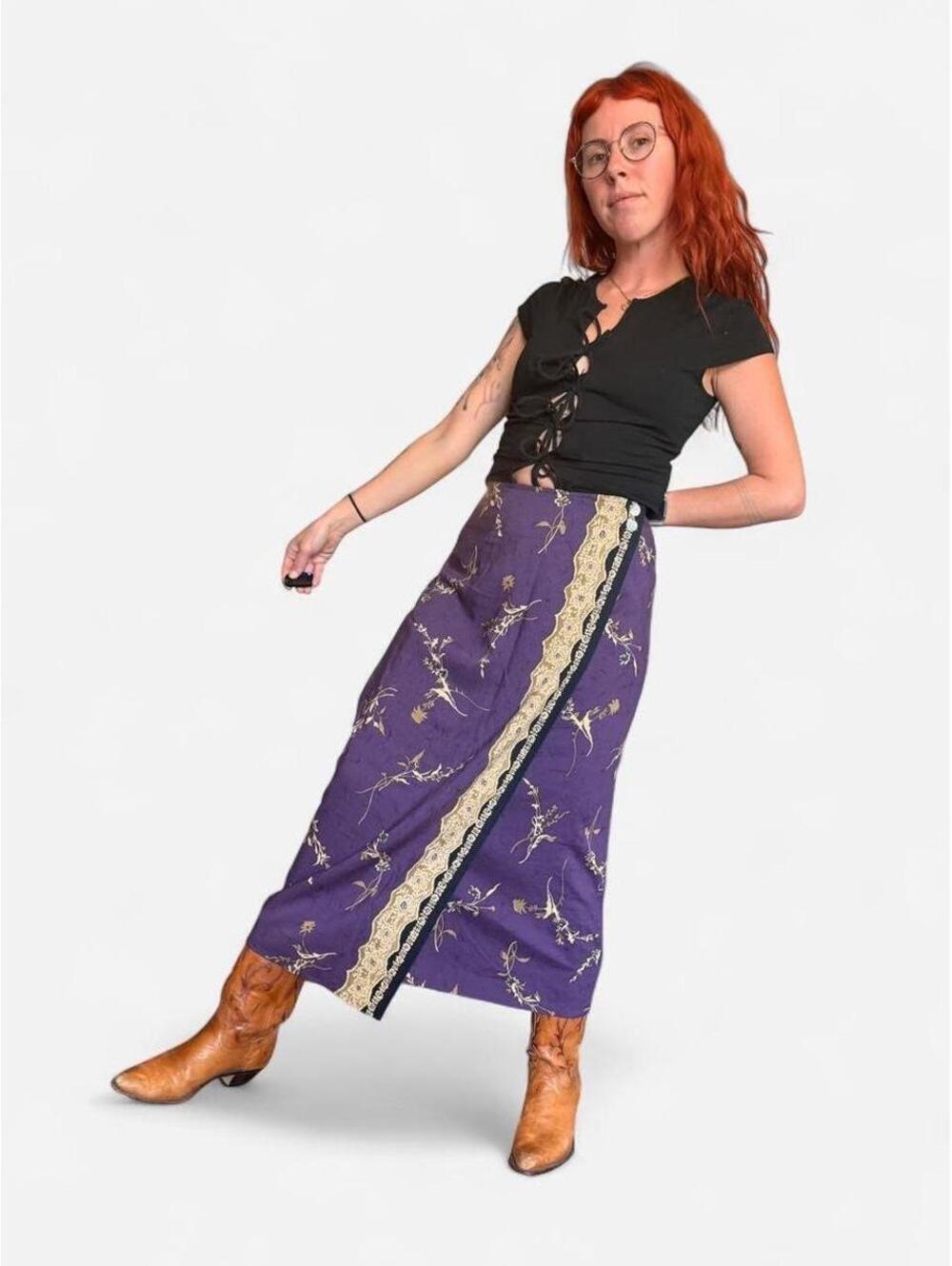 Vintage purple midi skirt with black and gold trim.
